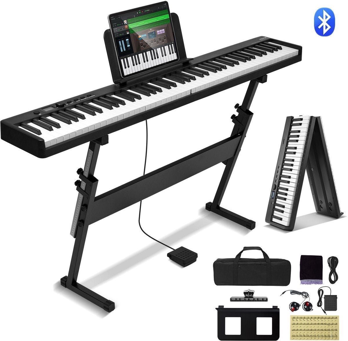 WNHB® Digitale piano - elektrische piano - 88 toetsen - opvouwbaar bluetooth keyboard midi - met standaard en LED display - wit zwart