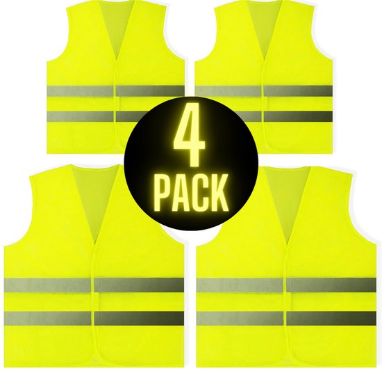 Vier gele veiligheidsvesten met reflecterende strepen, de tekst '4 PACK' is prominent aanwezig.
