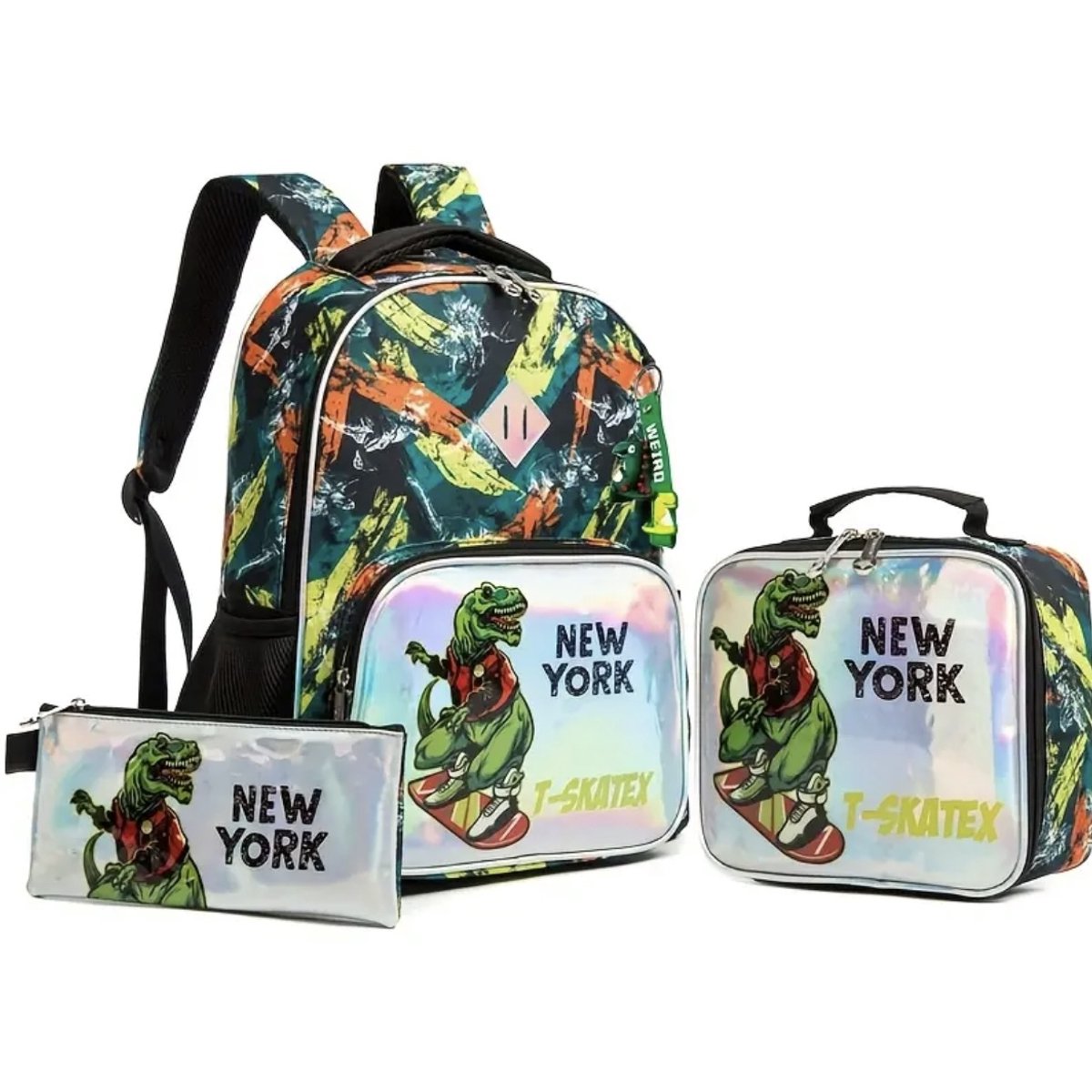 Ultiluxe® Trex rugzak, lunchtas en etui - Groen/zwart/zilver - Dinosaurus complete set - 41 x 30 x 14 cm - Schoolrugzak met dino - Schoolset 3-delig - Rugtas voor kinderen - Stoere schooltas met print