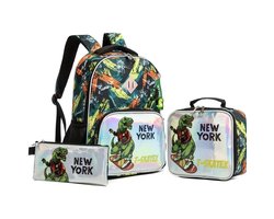 Ultiluxe® Trex rugzak, lunchtas en etui - Groen/zwart/zilver - Dinosaurus complete set - 41 x 30 x 14 cm - Schoolrugzak met dino - Schoolset 3-delig - Rugtas voor kinderen - Stoere schooltas met print
