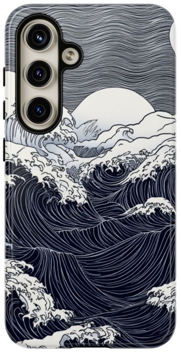 Monochrome Oceaangolven met Maan – Telefoonhoesje Geschikt voor Samsung Galaxy S24