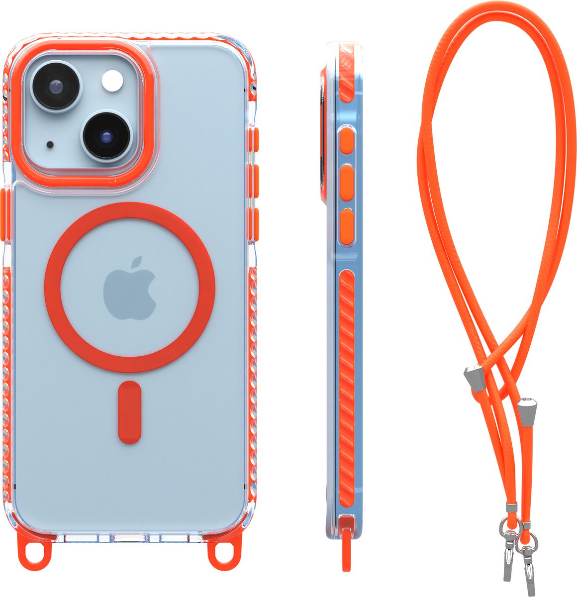 My Case Hoesje Geschikt voor iPhone 13 / 14 Met Koord - Siliconen hoes met koord - Oranje - Transparant