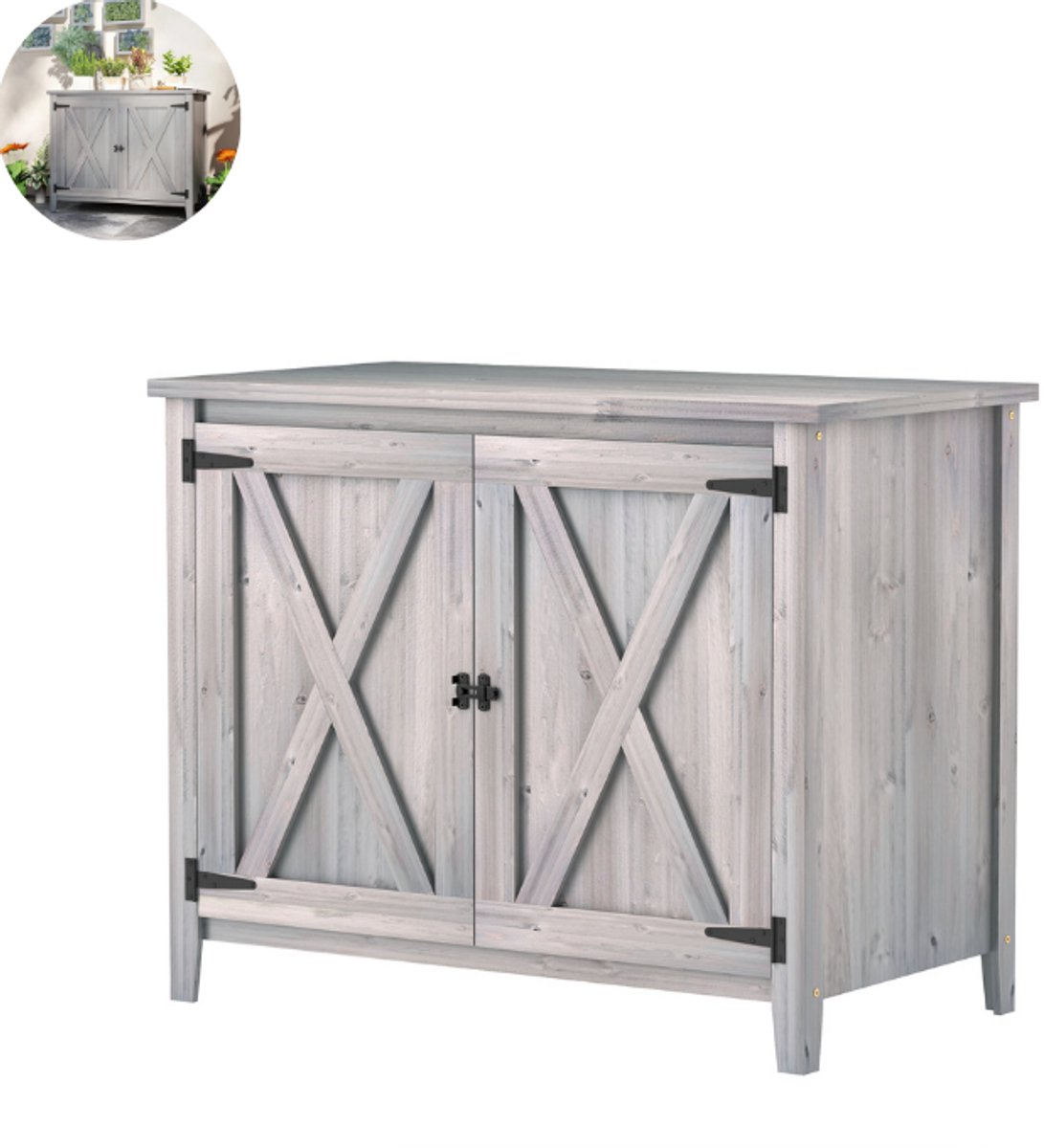 Tuinkast - Opbergkasten met deuren - Tuinhuis - Schuur - Voor buiten - Gereedschap - Lichtgrijs - Hout - 110L x 60B x 88.5H