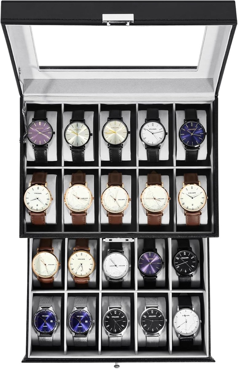 Uten Luxe Horlogedoos - Horloge Box Heren Dames - Geschikt voor Horloges en Sieraden - 20 vakken - Grijs