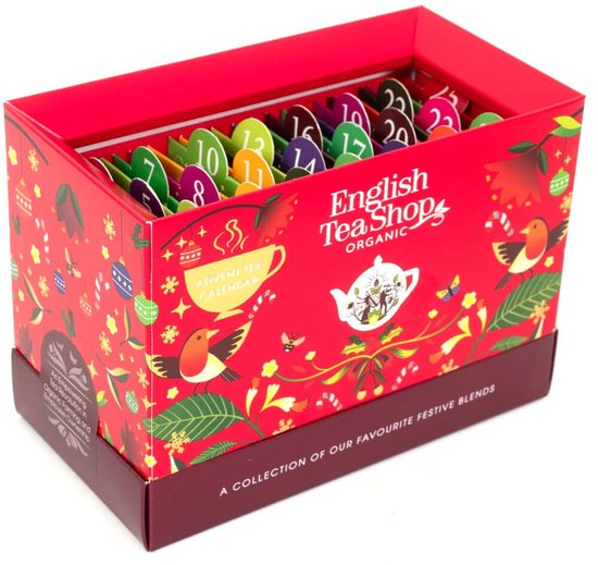 Open rode English Tea Shop adventskalender met kleurrijke genummerde theezakjes aan de binnenkant.