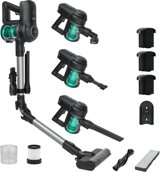 JAP Appliances Cyclone C3 (Bundel) - Snoerloze 6 in 1 Steelstofzuiger met dweilfunctie (200W) - Kan in een hoek van 90°C - 70 ± minuten accuduur - HEPA filter en 3x Accu's - LED verlichting