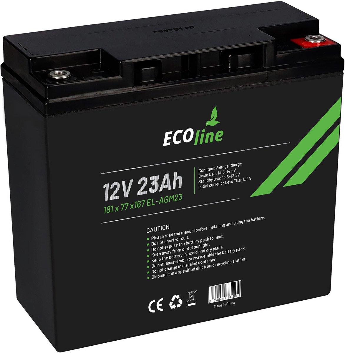 EcoLine - AGM 12V 23AH 23000mAh VRLA Batterij - 181 x 77 x167 - Deep Cycle Accu.