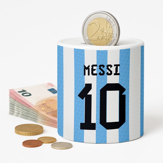 Tirelire rayée bleu et blanc, avec 'MESSI 10'.