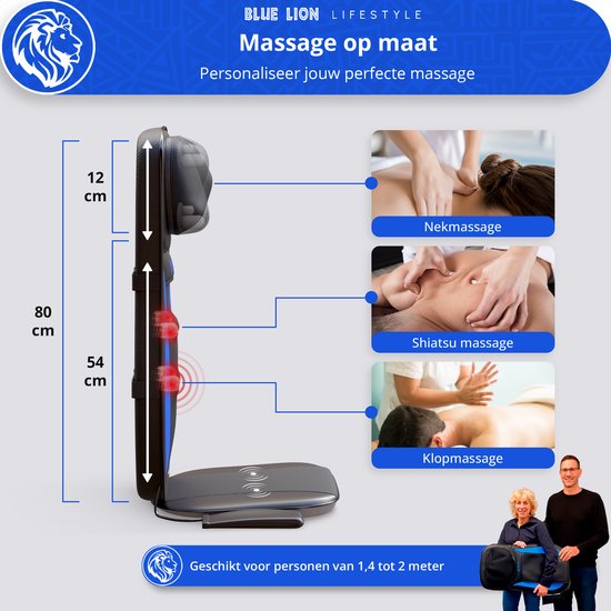 Illustratie van het massagekussen met afmetingen en voorbeelden van nek-, shiatsu- en klopmassage.