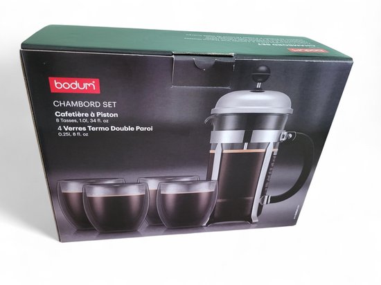 Coffret cafetière à piston - BODUM - 8 tasses 0 l + 4 verres double paroi PAVINA 25 cl