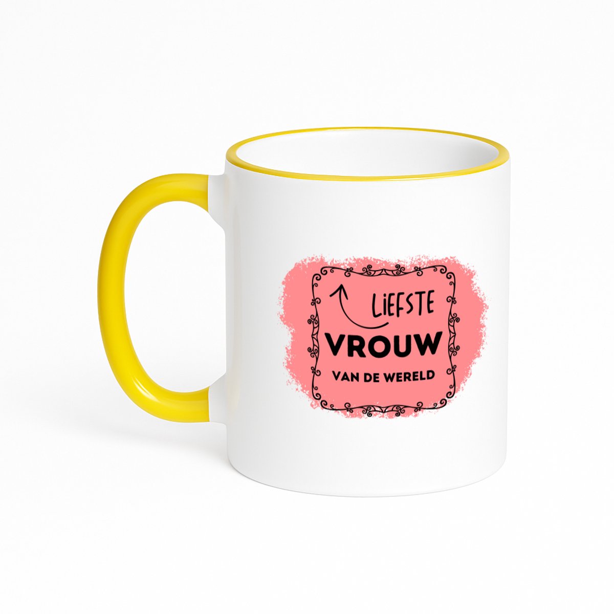 Hacebo® - liefste vrouw van de wereld koffiebeker met gekleurde rand geel - Vriend/vriendin - de liefste vrouw - thee mok - koffie beker - valentijnsdag - verjaardag - cadeautje voor vriendin - kado - geschenk - koffiemok - 330 ML