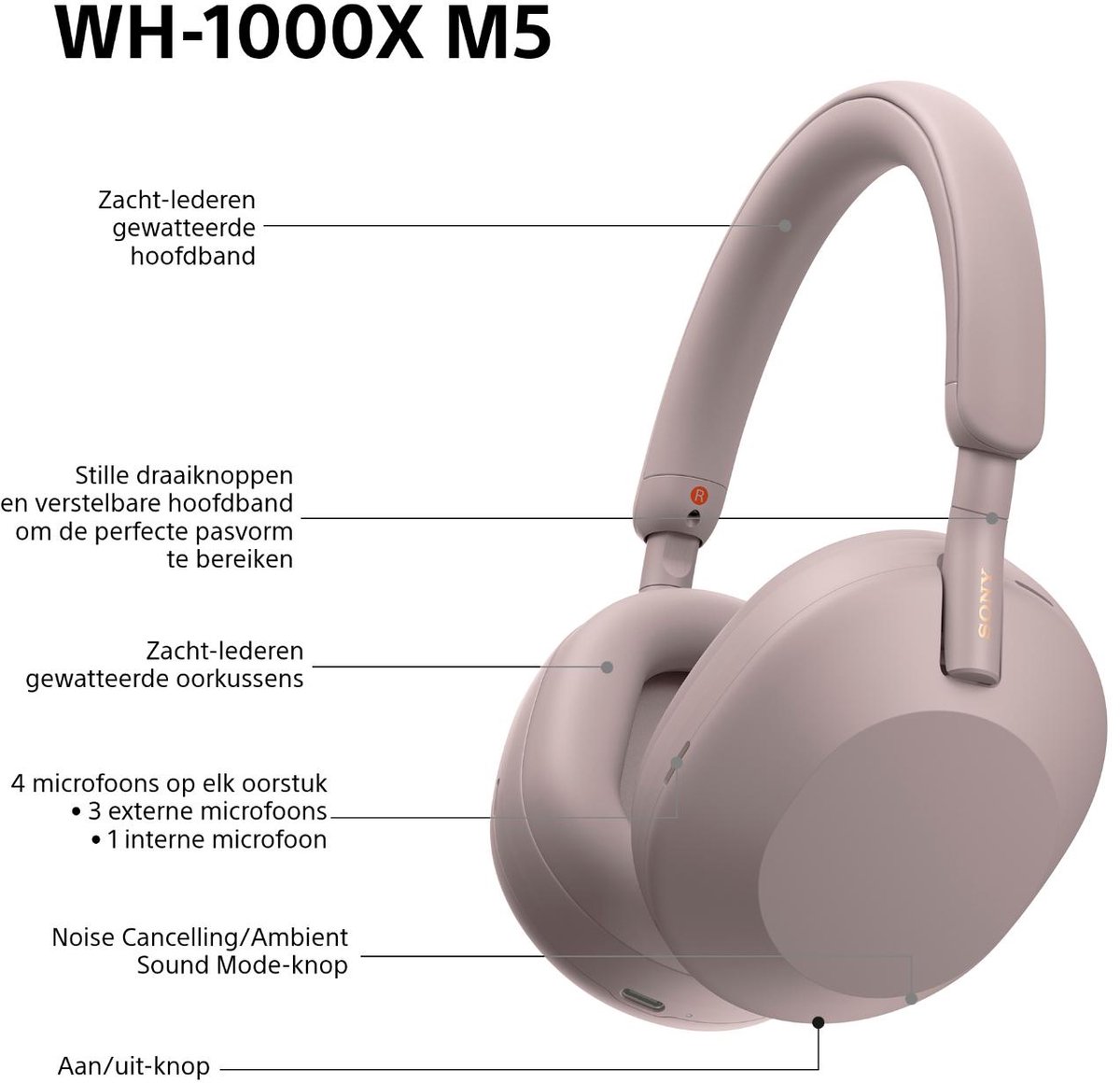 Sony WH-1000XM5 - Draadloze koptelefoon met Noise Cancelling - Smoky Pink / Roze — afbeelding 6