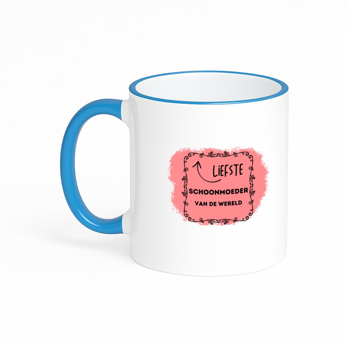 Hacebo® - de liefste schoonmoeder van de wereld koffiebeker met gekleurde rand blauw - Schoonmoeder - de liefste schoonmoeder - thee mok - koffie beker - Moeder cadeautjes - moederdag - verjaardag - geschenk - kado - koffiemok - 330 ML