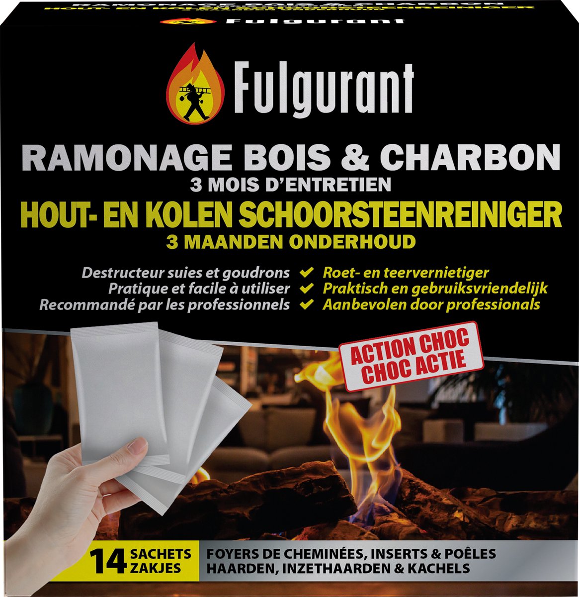 Fulgurant - Hout- en kolen schoorsteenreiniger - 3 maanden onderhoud - 14 zakjes