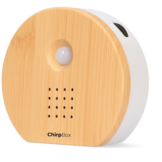 STAUS&BACH - The Chirpbox - Boîte à sons d'oiseaux avec capteur - Sons d'oiseaux pour les toilettes - 5 sons - Minuterie : 30 sec, 60 sec, 10 min, 30 min - Bois