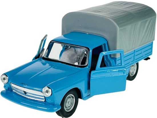 Blauwe Peugeot 404 pick-up met open deuren en grijze zeiloverkapping.