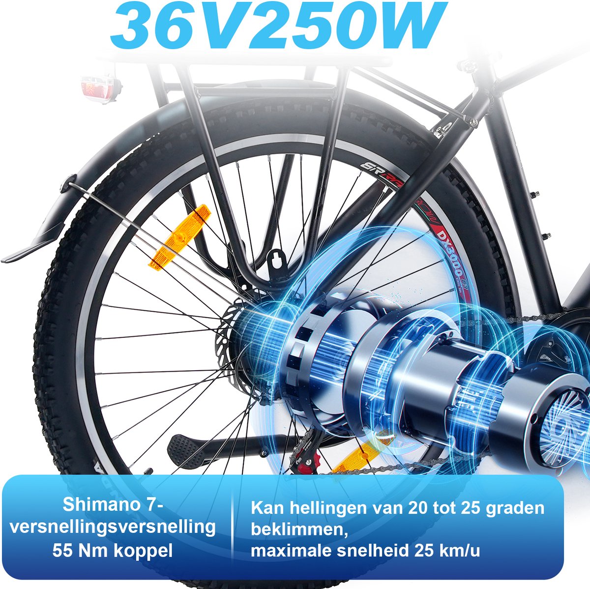 TTGO M300 Elektrische Fiets - 250W Motor - 36V20Ah Batterij - 27.5*2.1" Band - 80 km Actieradius - Shimano 7 Versnellingen - Mechanische schijfremmen - Zwart thumbnail 2