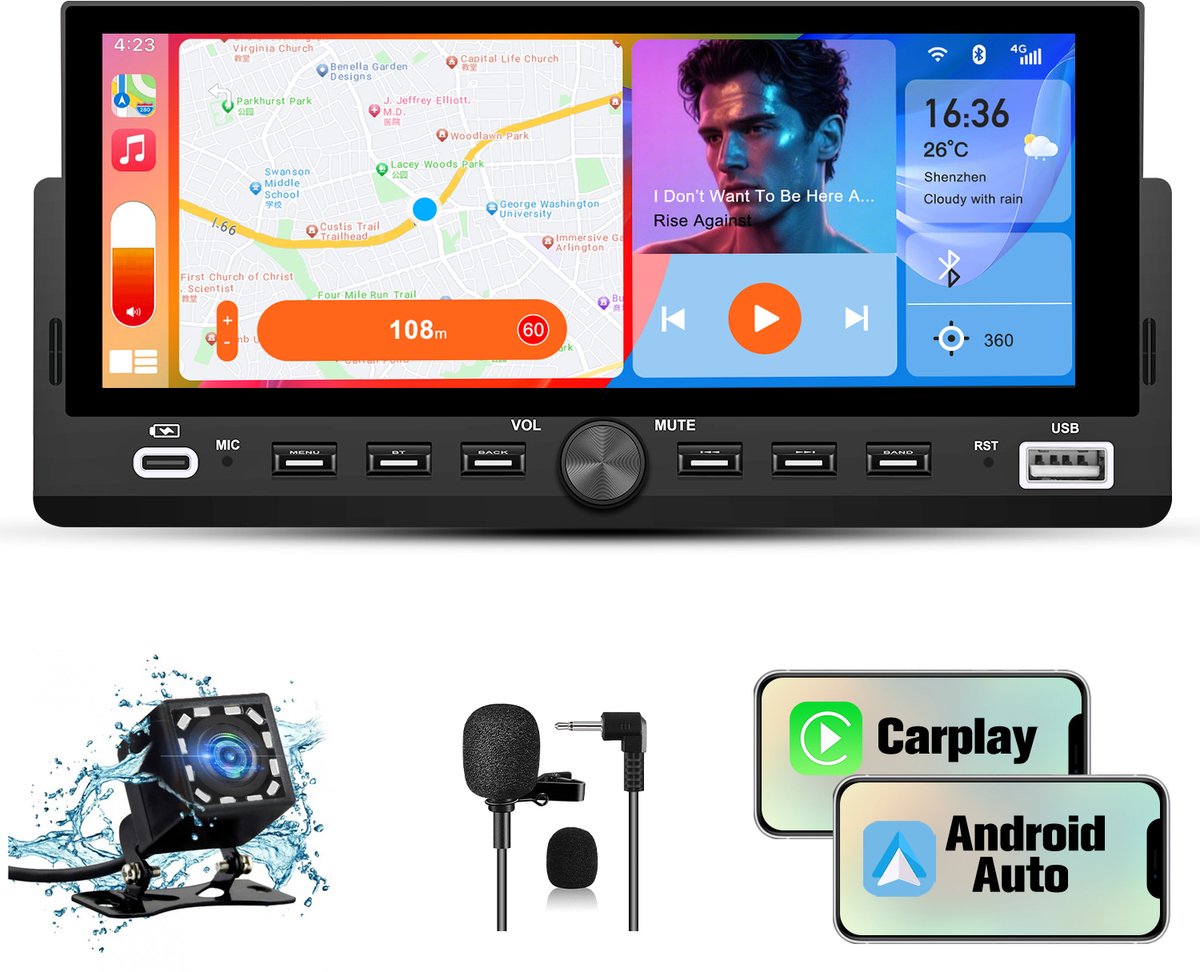 JUNSUN 1 DIN met Draadloos CarPlay & Android Auto 6,86" IPS Touchscreen Autoradio - Bluetooth, GPS Navigatie, USB-C + Gratis Achteruitrijcamera en Microfoon