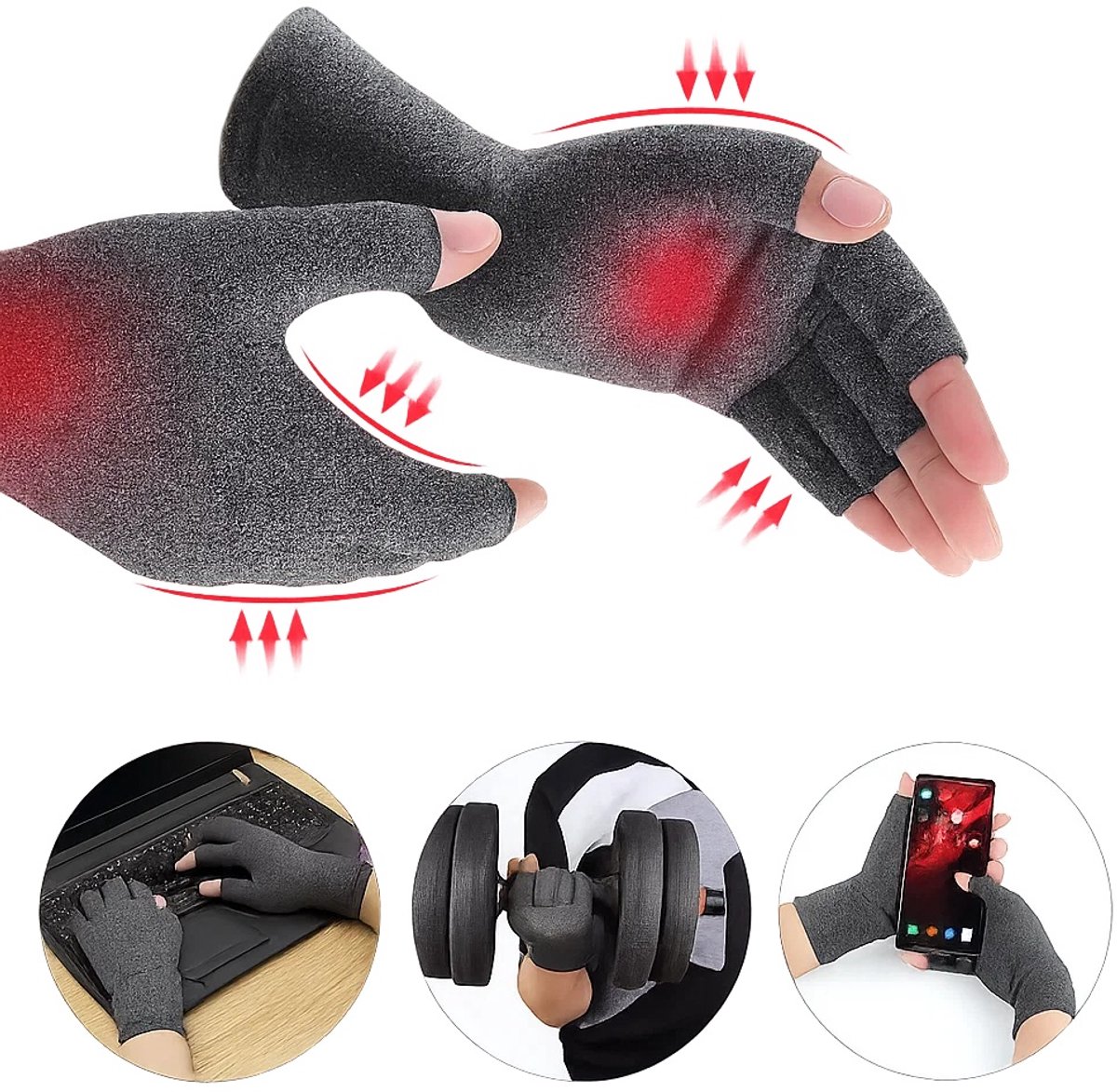 Compressie Handschoenen I Therapeutische Handschoenen I Open Vingertoppen I Maat M I Grijs I 1 Paar