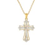 Collier femme couleur or avec pendentif en forme de croix - incrusté de pierres transparentes et pierre centrale ovale