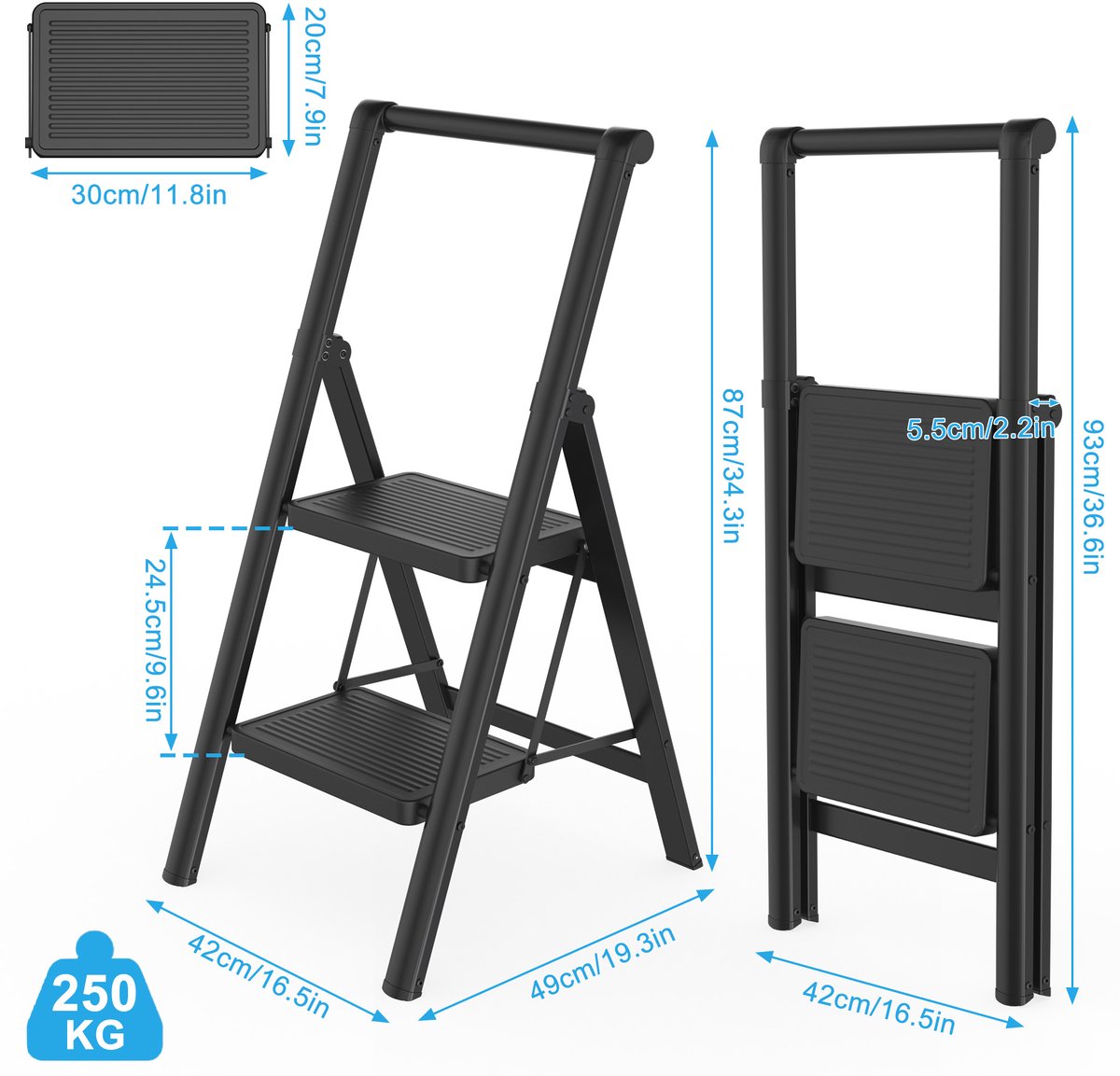 LZQ Opvouwbare trapladder, trapkruk, opvouwbare trap met breed antislip pedaal en leuning, multifunctionele huishoudtrap, trapladder tot 150 kg, zwart voor huishouden, keuken - 2 treden – foto 5