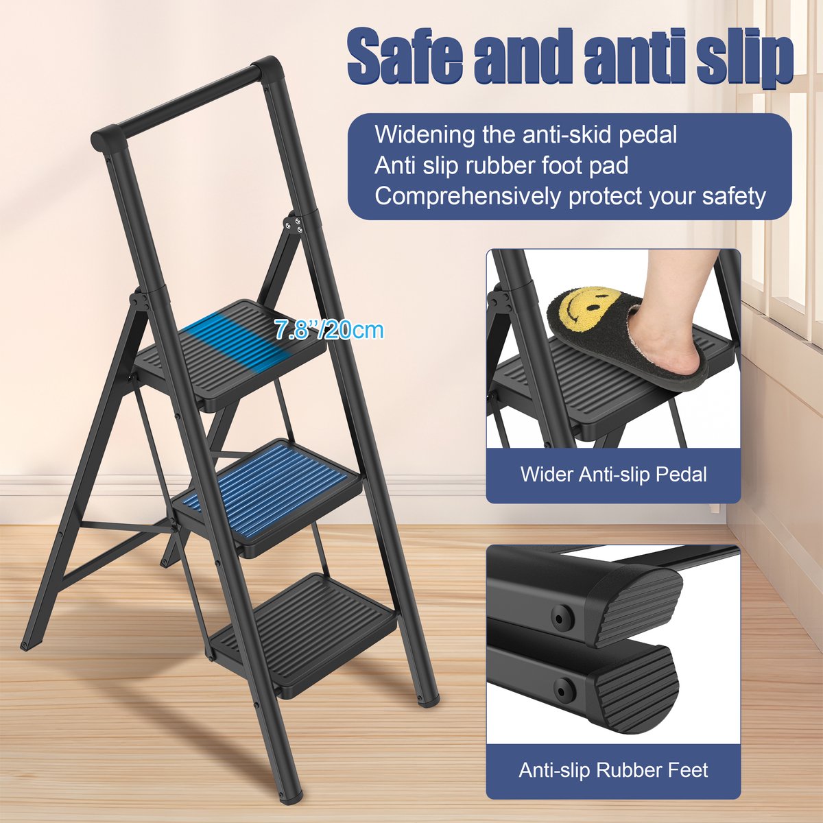 Opvouwbare trapladder, trapkruk, opvouwbare trap met breed antislip pedaal en leuning, multifunctionele huishoudtrap, trapladder tot 150 kg, zwart voor huishouden, keuken - 3 treden – foto 4