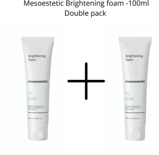Twee witte tubes Mesoestetic Brightening Foam, elk 100 ml, met een plus-teken ertussen.