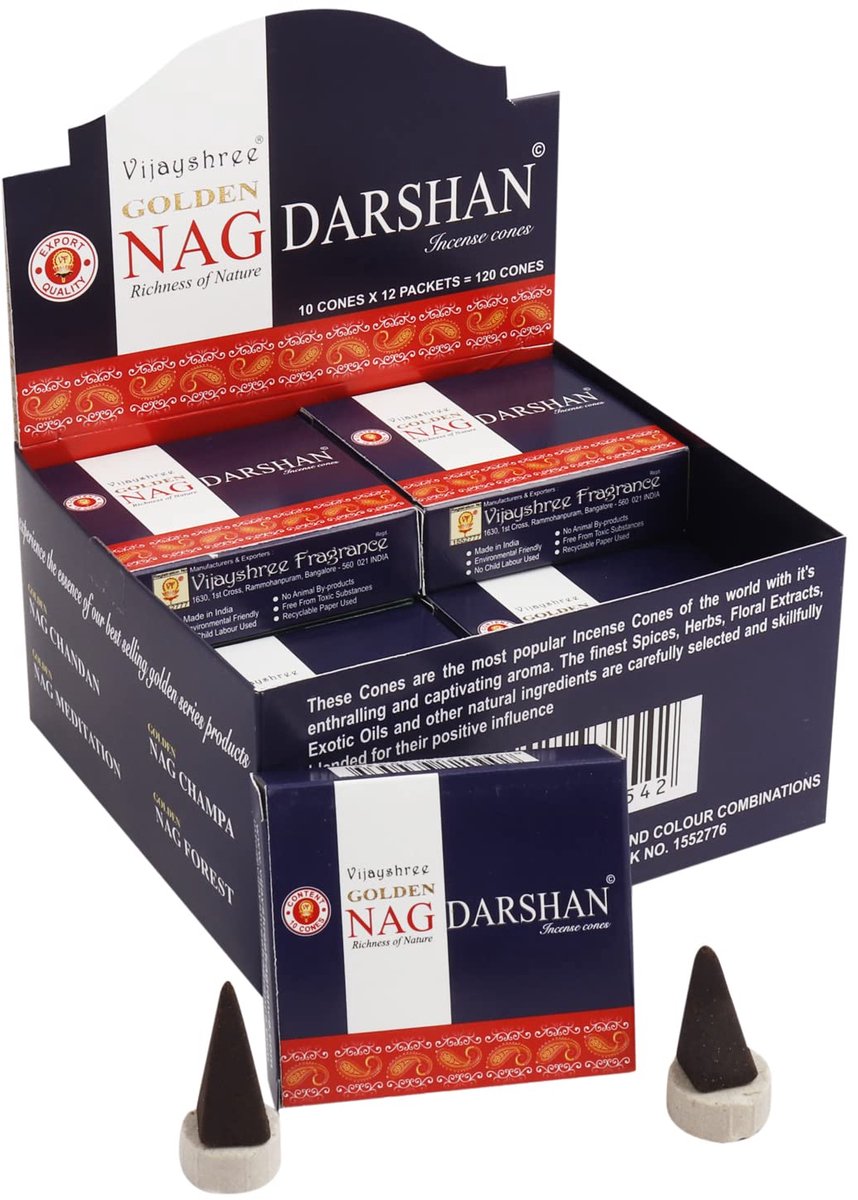 Vijayshree Golden Nag Darshan Masala Wierookkegels – 12 Pakketjes x 10 Kegels | Natuurlijke Dhoop Kegels, Handgerold in India, 60 min Brandtijd | Meditatie & Ontspanning met Kajal Sticker