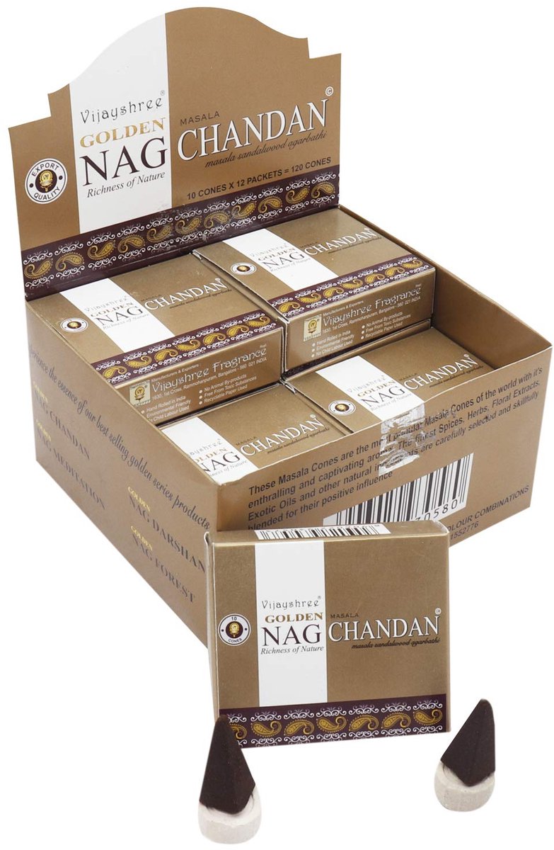 Vijayshree Golden Nag Chandan Masala Sandelhout Dhoop Kegels – 12 Pakketjes x 10 Kegels | Premium Sandelhoutgeur, Handgerold in India, 60 min brandtijd | Natuurlijke, Niet-giftige Wierookkegels met Kajal Sticker