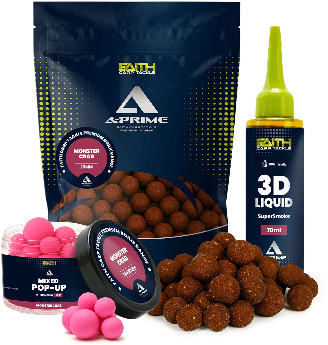 Faith A-Prime Boilie combi deal Monster Crab - Boilies - Karpervissen - Karper aas - Pop ups - Liquid bait Smoke
