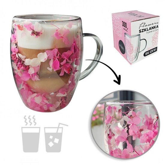 T.R Goods – 2 x Dubbelwandige Koffie of Theeglazen met Gedroogde Bloemen – 300ml – Elegant Borosilicaat Glas met Gypsophila, Hortensia & Roos – Cadeau voor Thee & Koffie - SZK101