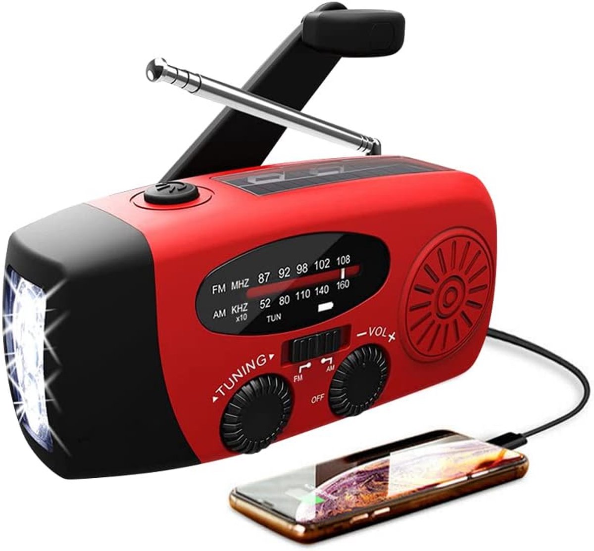 Noodradio - Solar Opwindbaar - Solar powerbank - 2000mAh - Zonneenergie - Survival Noodpakket - Zaklamp Oplaadbaar - AM/FM - Noodrantsoen - Rood