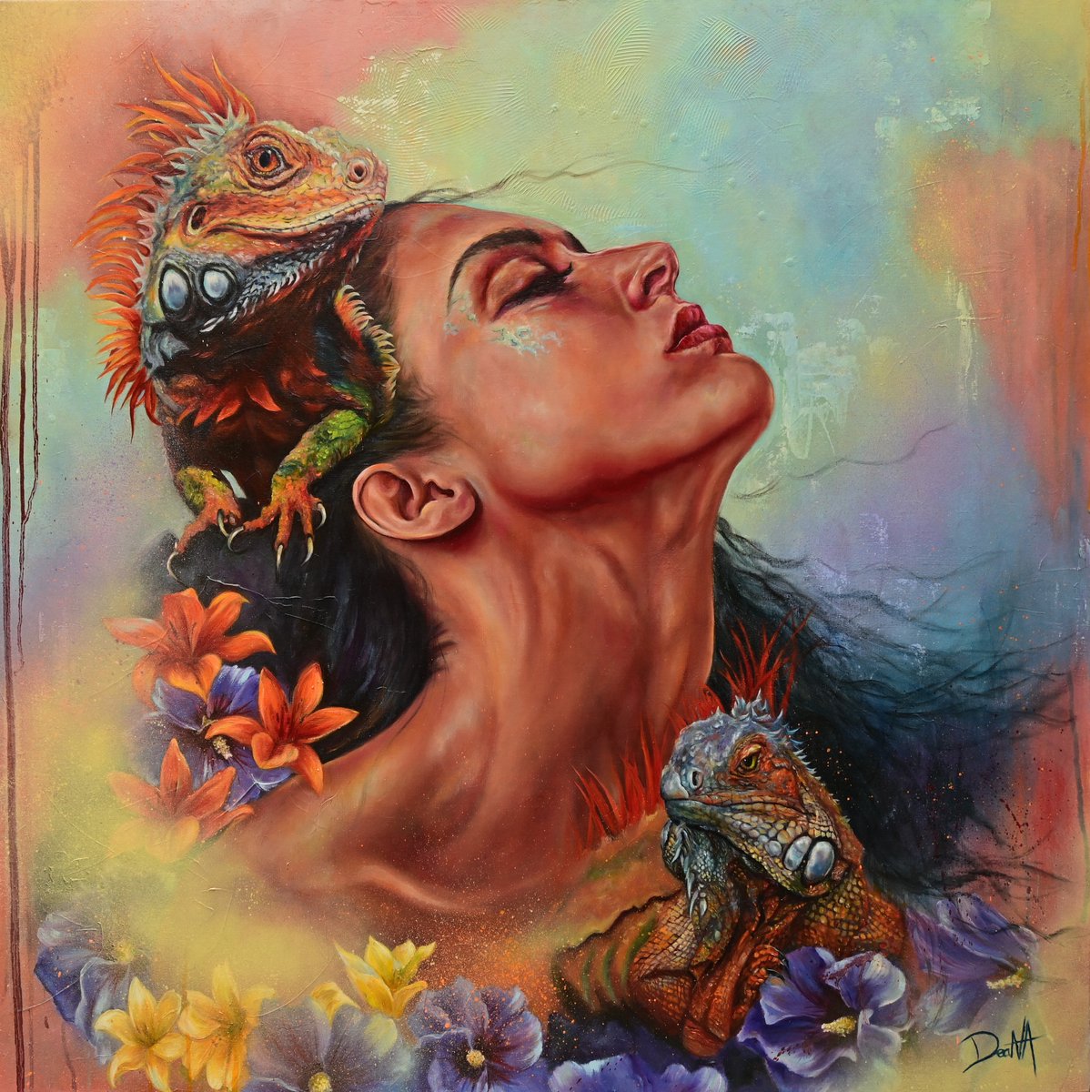 myDeaNA Glas schilderij - Vrouwenportret met Leguaan / Spirituele Dierenkunst - 80 x 80 cm. - myDeaNA oranje-blauw