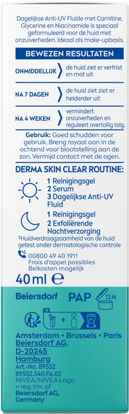 Verpakking met informatie over NIVEA Derma Skin Clear Dagelijkse Anti-UV Fluïde SPF 50. 40ml.