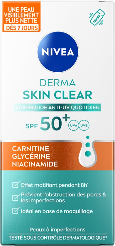 NIVEA Derma Skin Clear Dagelijkse Anti-UV Fluïde SPF 50 met Carnitine, Glycerine, Niacinamide. 40ml.
