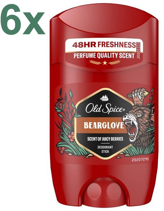 Voordeelverpakking van 6 rode Old Spice Bearglove deodorantsticks met citroen en bosbessen.