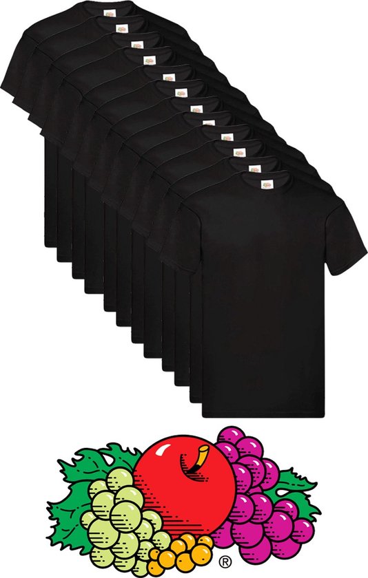 Twaalf zwarte Fruit of the Loom T-shirts in een rij, met het Fruit of the Loom logo onderaan.