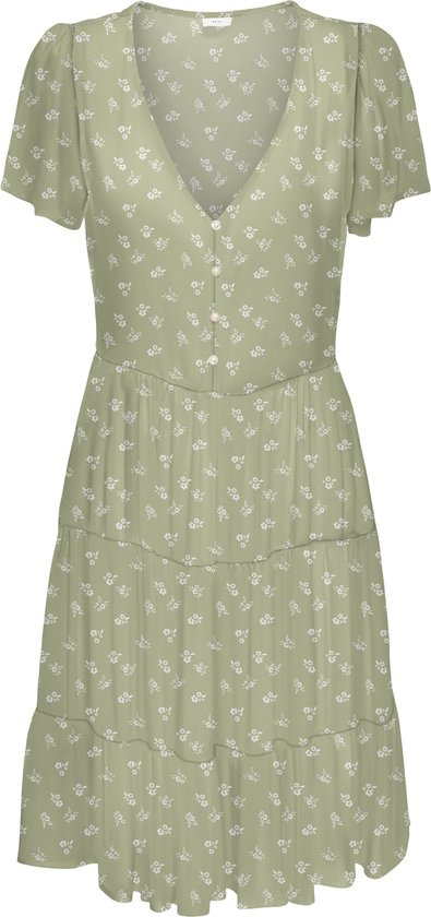 Robe vert clair à manches courtes bouffantes et imprimé floral blanc intégral. Encolure en V avec boutons.