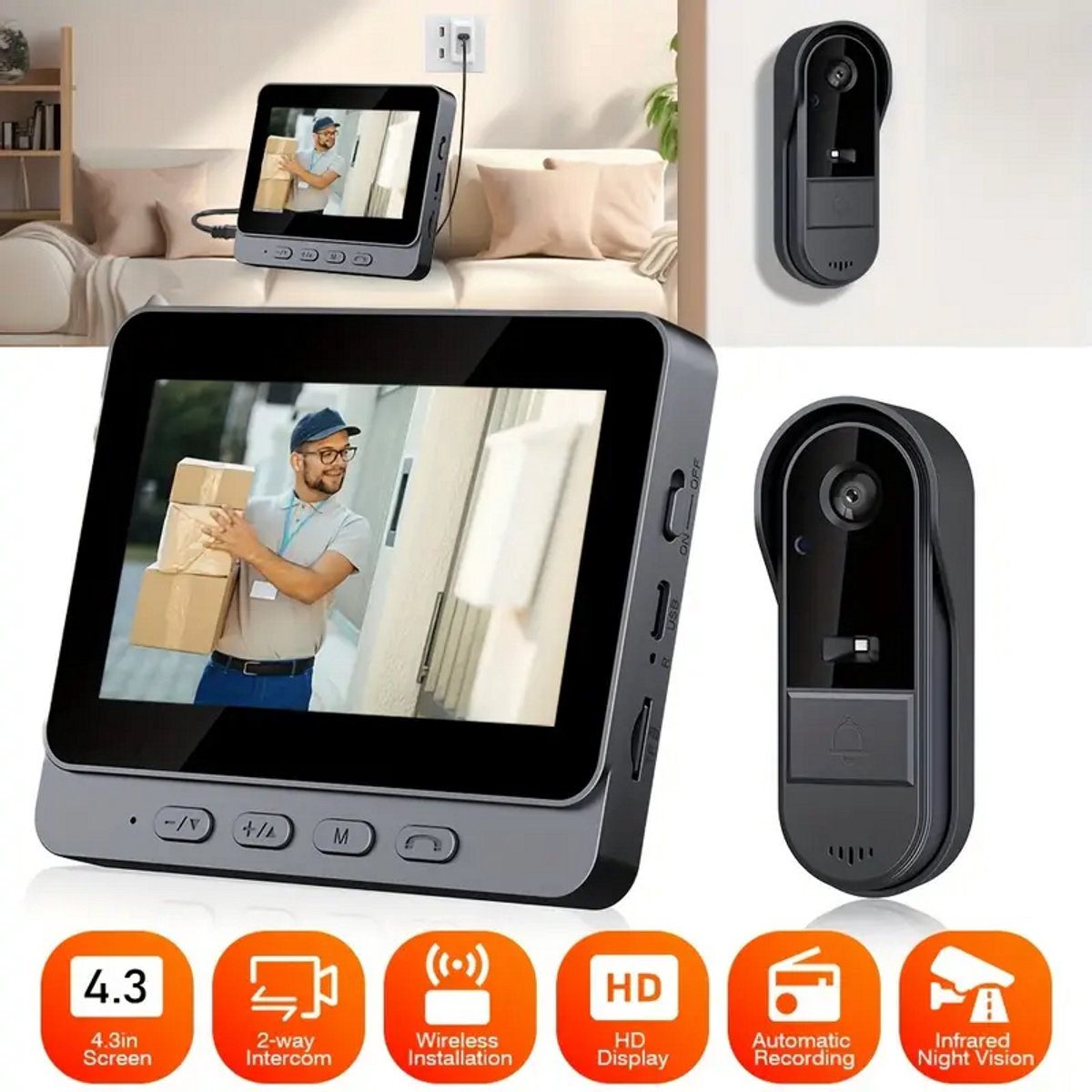 1080P Draadloze Deurbel Voor Buiten, Waterdicht, Met IPS-Display, 4.3 IP65, Waterdicht, Draadloos, Met Camera, HD, 170 Graden,Intercom, Nachtzicht, Infrarood, Bidirectionele Audio