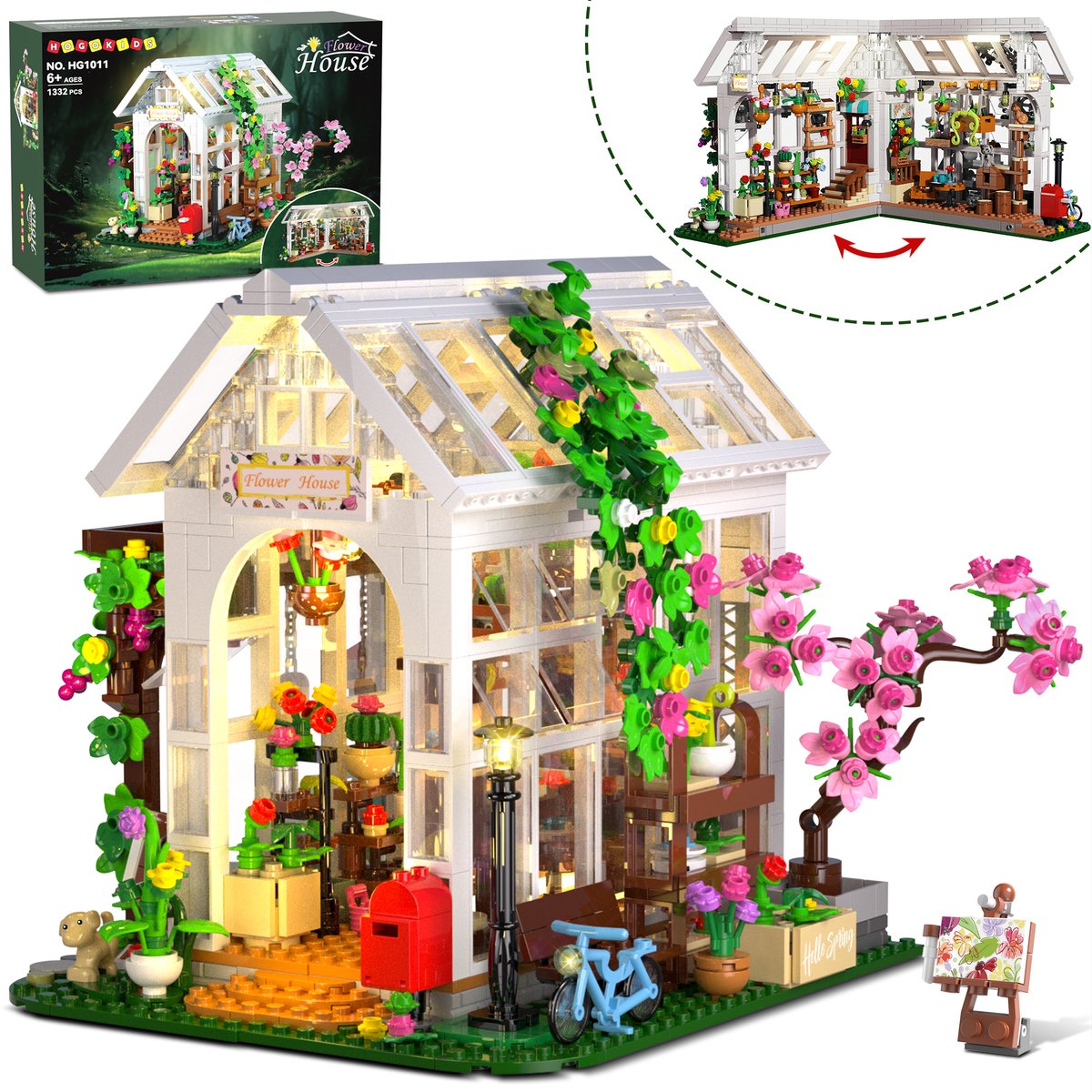 HOGOKIDS Bloemenhuis Bouw speelgoed - 1332 Delen Met LED licht & Kat - Bouwpakket Bloemen Dieren Kerst cadeau Voor Volwassenen Tieners 8 jaar