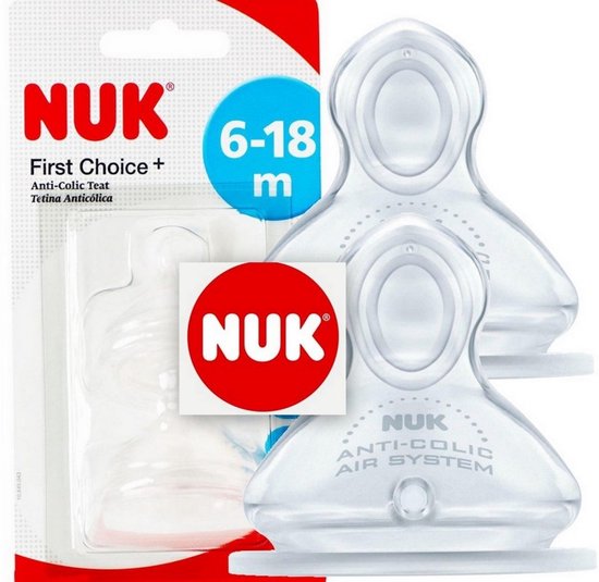 NUK First Choice Baby Bottle Teat, 6-18 Months, Latex with Medium Feed Hole, Anti-Colic, 2 Count