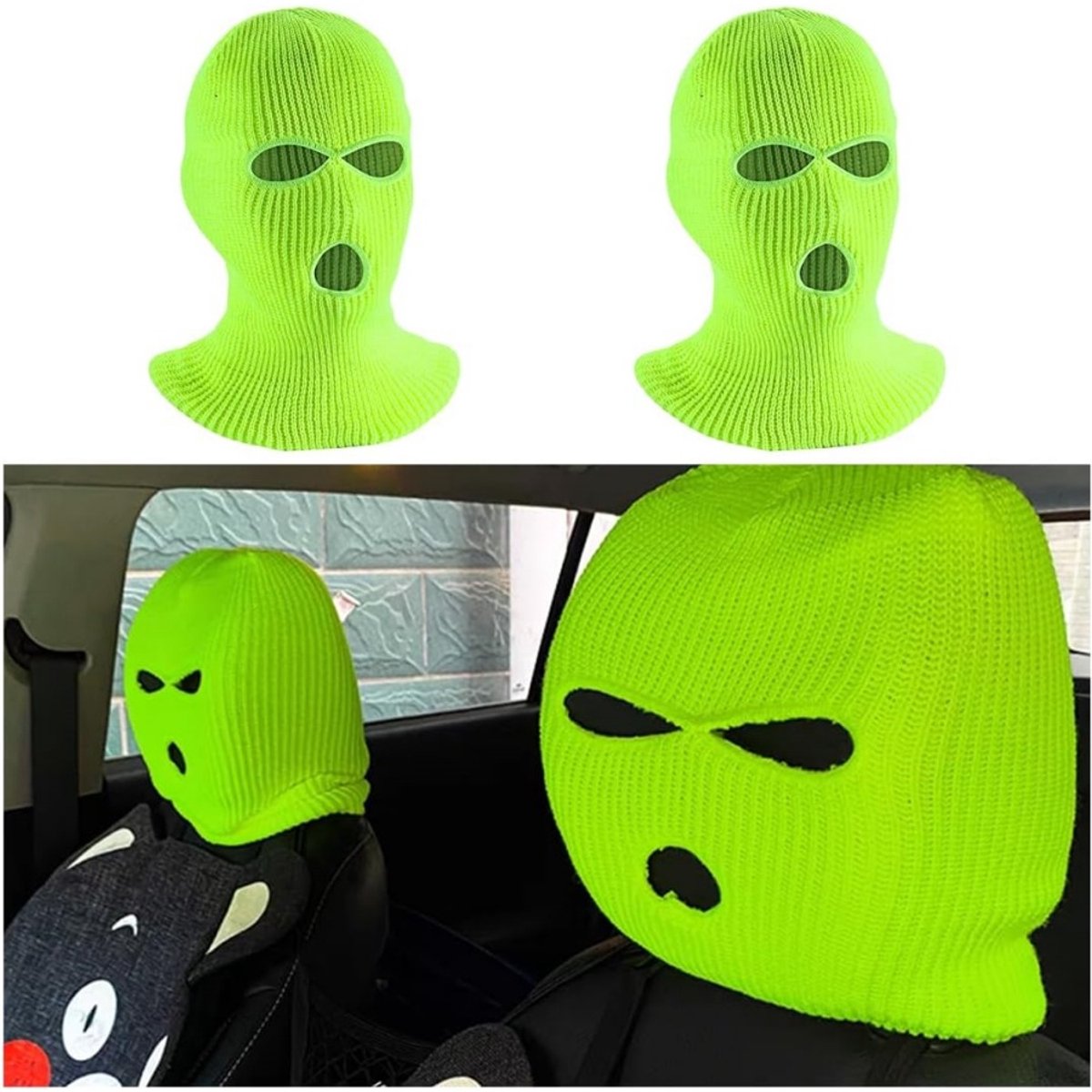 Daity Set van 2 autohoofdsteunhoes gepersonaliseerd schattig design met skimaskerfunctie beschermt en versiert de voorstoelen fluorescerend Groen