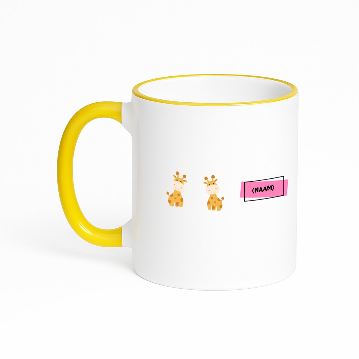 Hacebo® - Giraffen met eigen naam koffiebeker met gekleurde rand geel - Giraffe - dieren liefhebbers - thee mok - koffie beker - leuke cadeau voor iemand die van houdt van giraffen - verjaardagscadeau - kado - gift - koffiemok - 330 ML