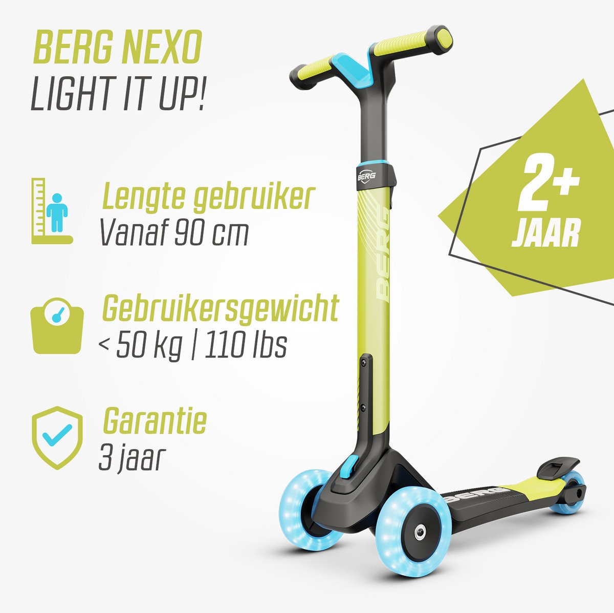 BERG Nexo Kinderstep - Step 3 wielen - Vanaf 2 jaar - Opvouwbaar - In hoogte verstelbaar - Incl. LED-deck + LED wielen - Lime — afbeelding 5