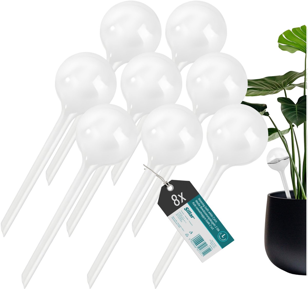 Sillar, waterdruppelaar voor planten, set 8 stuks, druppelsysteem, waterbol voor kamerplanten, 250ml, 24cm, L, wit