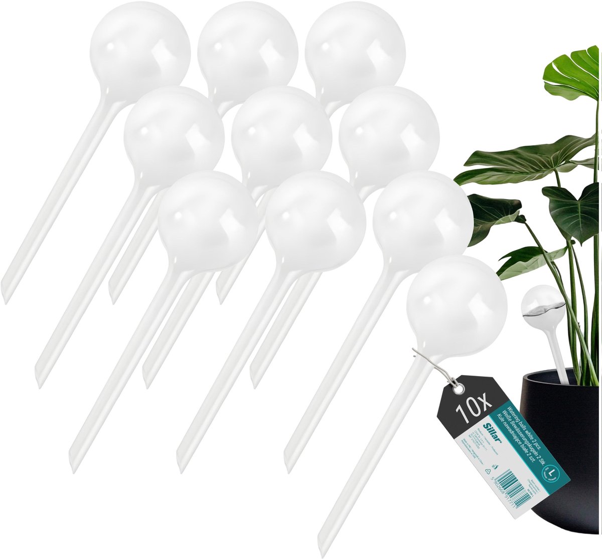 Sillar, waterdruppelaar voor planten, set 10 stuks, druppelsysteem, waterbol voor kamerplanten, 250ml, 24cm, L, wit
