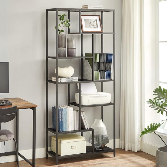 Bibliothèque DiBasso à 6 Planches – Planches en bois sur pied – 30 x 80 x 180 cm – Pour bureau, salon, chambre et Cuisine – Zwart Vintage marron