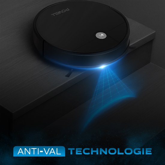 Zwarte robotstofzuiger met Powell-logo, anti-val technologie met blauwe laserprojectie op meubelrand.