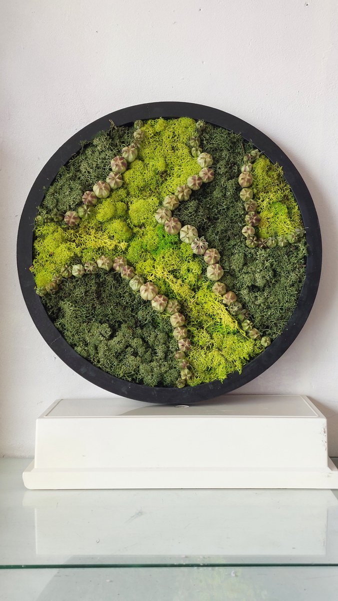 Stijlvolle Mosschilderij- Moswand van Rendiermos en droogbloemen- woondecoratie- huwelijks cadeau- geschenk- rond Ø38cm dikte 3cm.