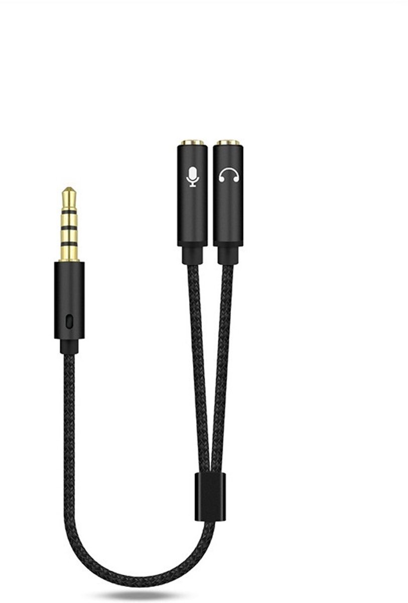 Nereb – 3.5mm Audio Splitter Kabel – Mannelijk naar 2x Vrouwelijk – Headset & Microfoon Adapter – Gevlochten Kabel – Vergulde Connectoren – 20 cm